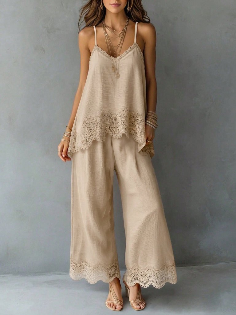 Apricot Casual Women's Woven Camisole Top & Wide Leg Pants Two Piece Set